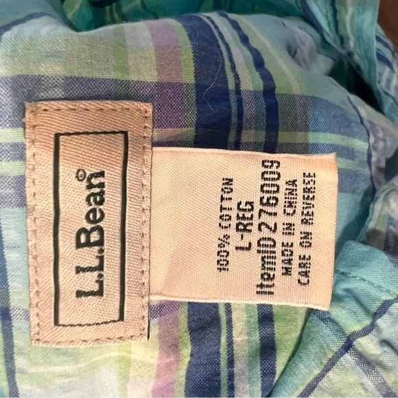 L.L. Bean Button Up Front Shirt Blouse Cotton Blue Green Plaid Size Large - Picture 9 of 9